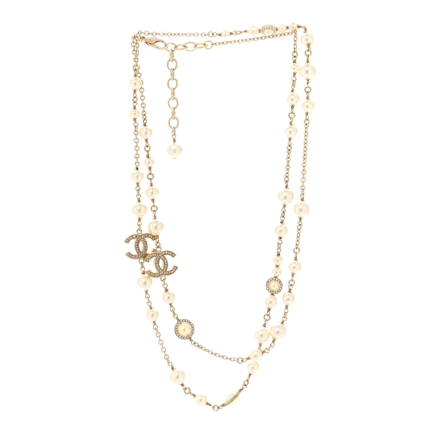 Chanel Pearl Crystal CC Lace Camellia Long Necklace Gold 3 of 5