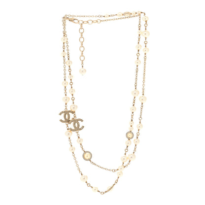 Chanel Pearl Crystal CC Lace Camellia Long Necklace Gold 3 of 5
