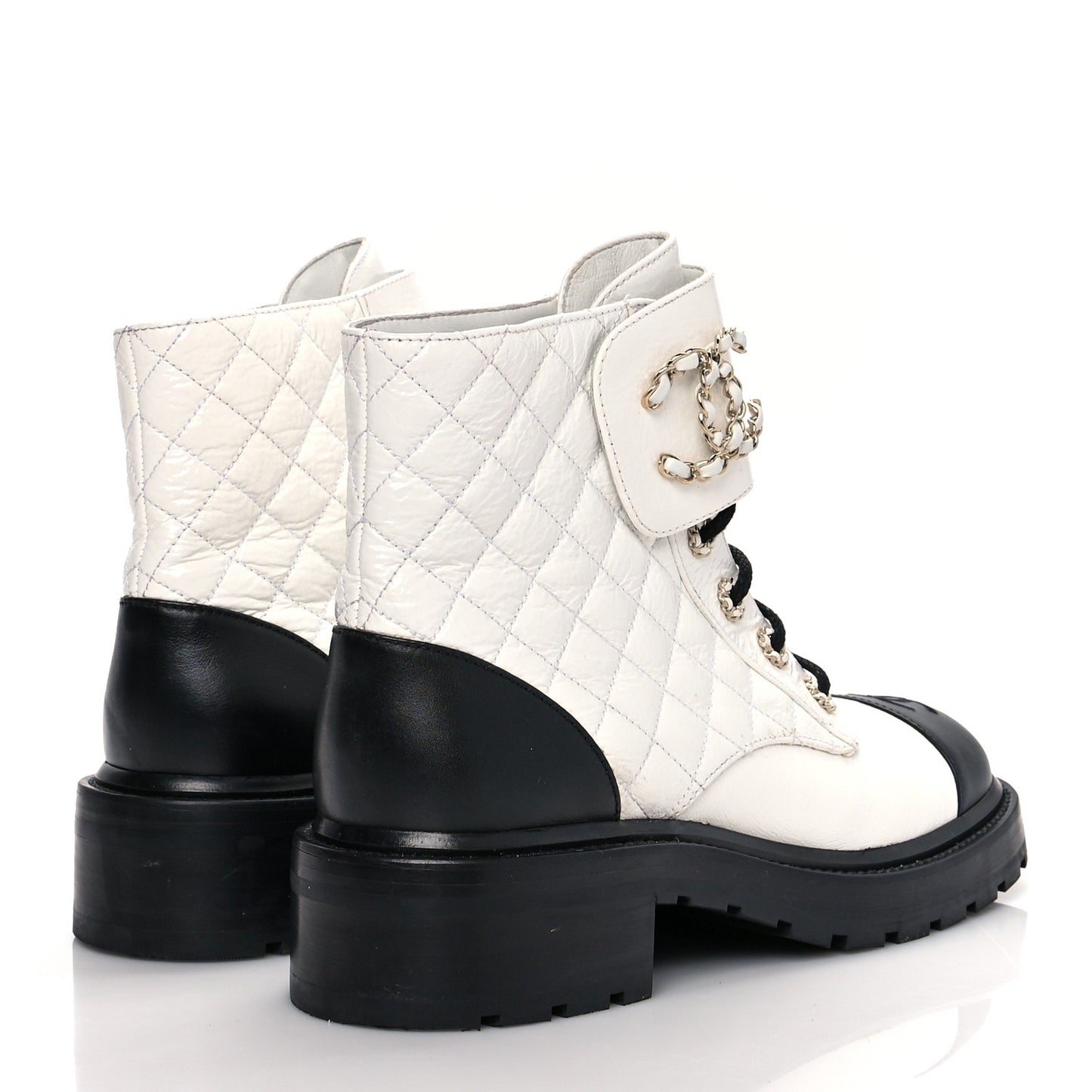 Shiny Goatskin Calfskin Quilted Lace Up Combat Boots 40.5 White Black