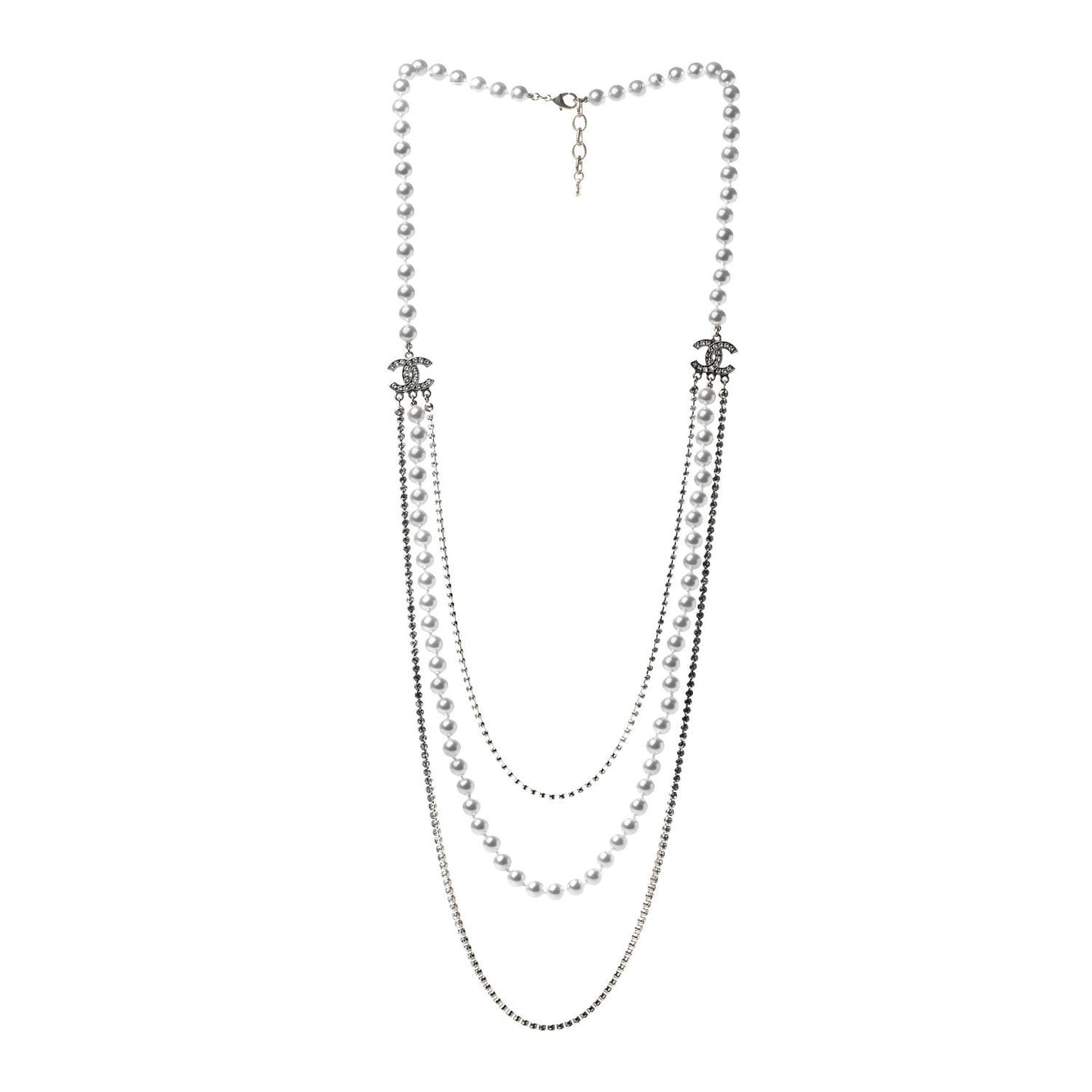 Crystal Pearl CC Long Multistrand Necklace Gold
