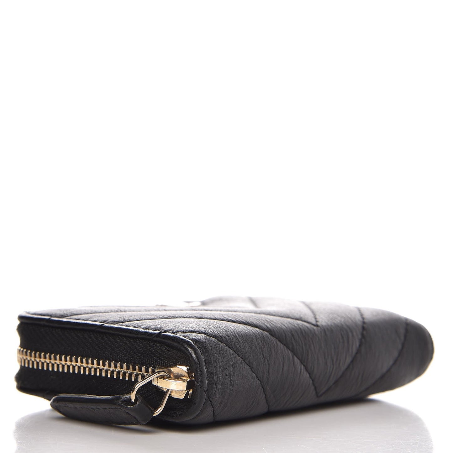 Calfskin Chevron Quilted Zip Around Coin Purse Black