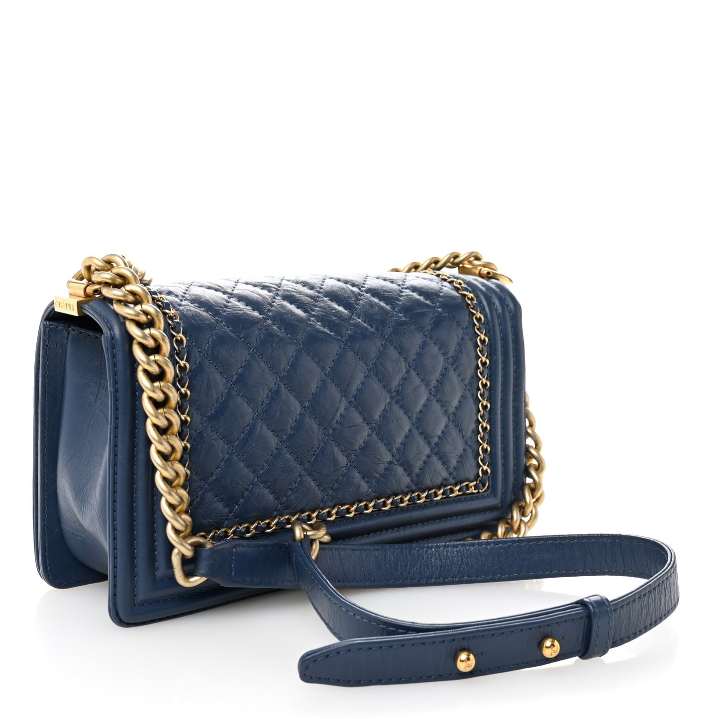 Aged Calfskin Quilted Medium Chain Detail Boy Flap Blue