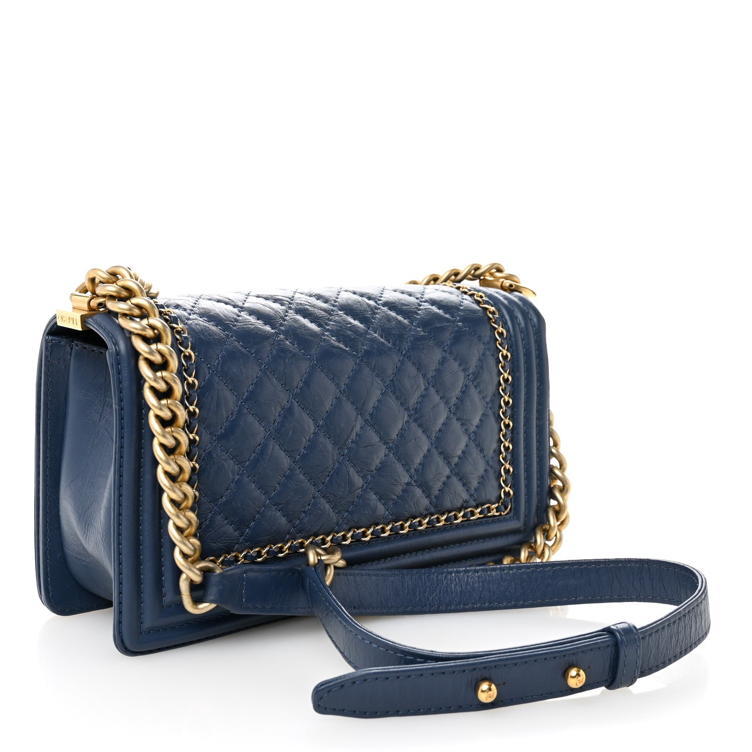 Chanel Aged Calfskin Quilted Medium Chain Detail Boy Flap Blue 3 of 10