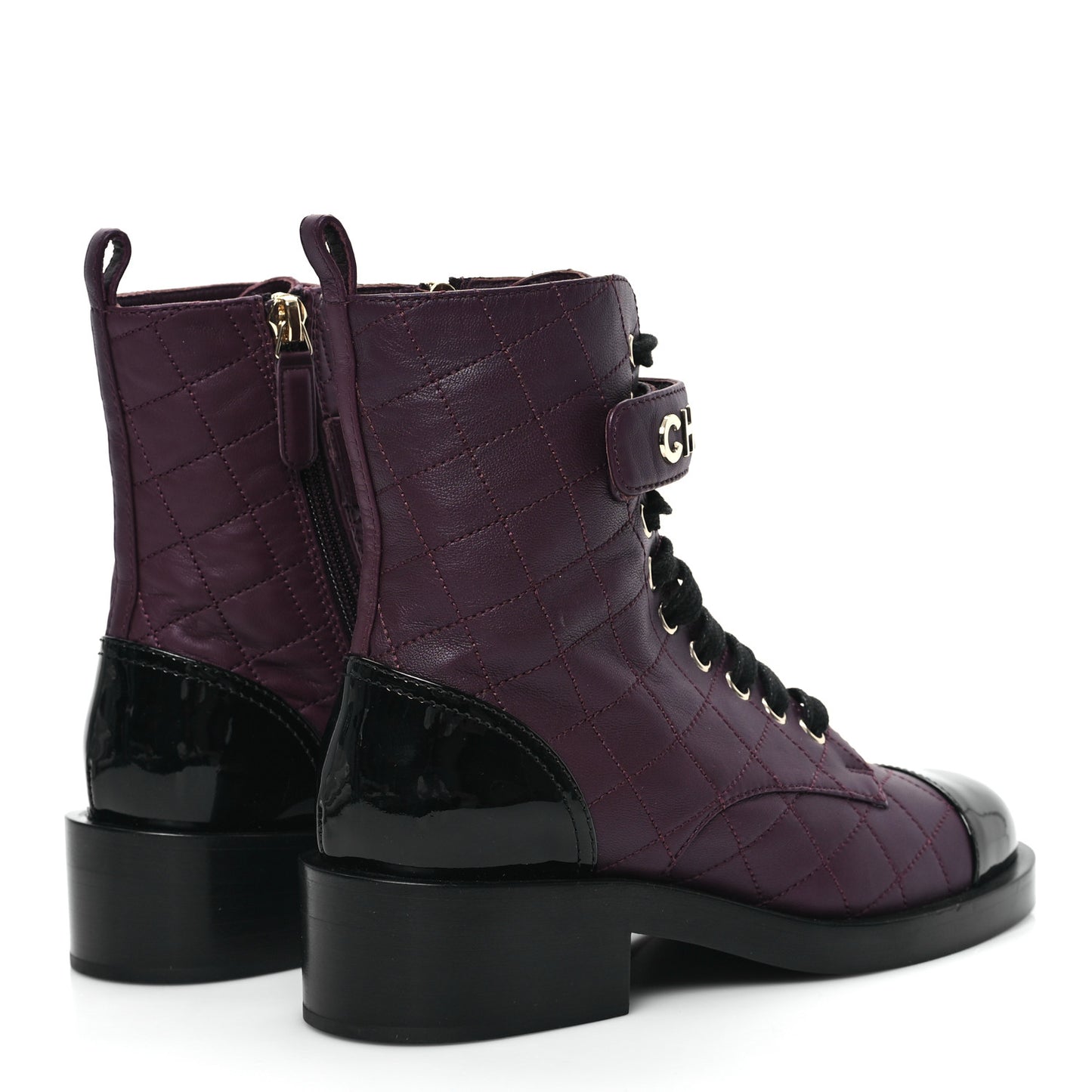 Lambskin Patent Calfskin Quilted Logo Lace Up Combat Boots 36 Burgundy Black