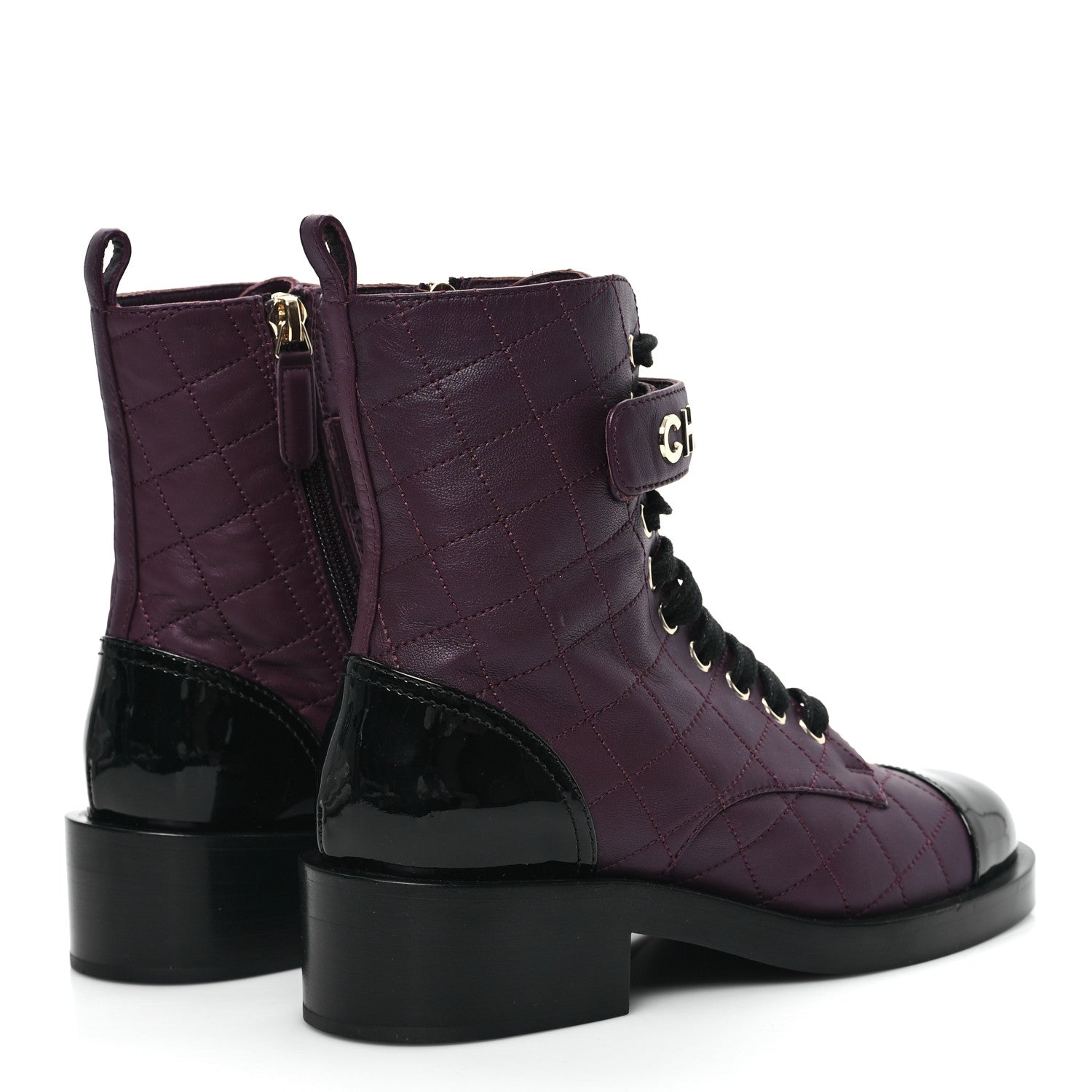 Chanel Lambskin Patent Calfskin Quilted Logo Lace Up Combat Boots 36 Burgundy Black 7 of 9