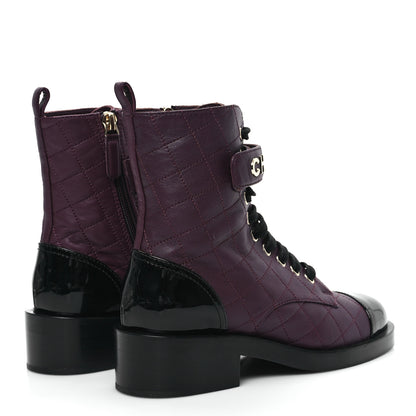 Chanel Lambskin Patent Calfskin Quilted Logo Lace Up Combat Boots 36 Burgundy Black 7 of 9