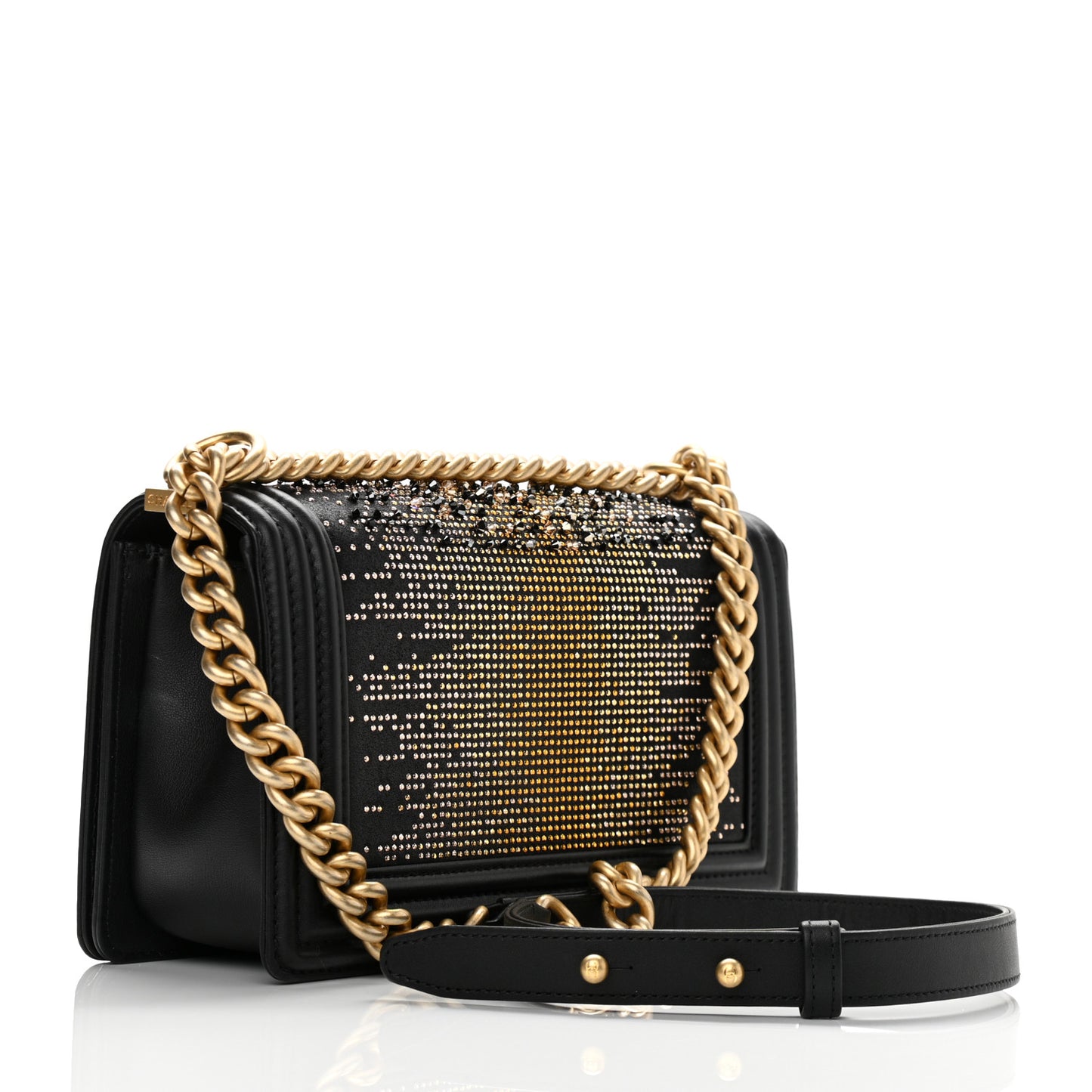 Calfskin Strass Studded Medium Boy Flap Black Gold