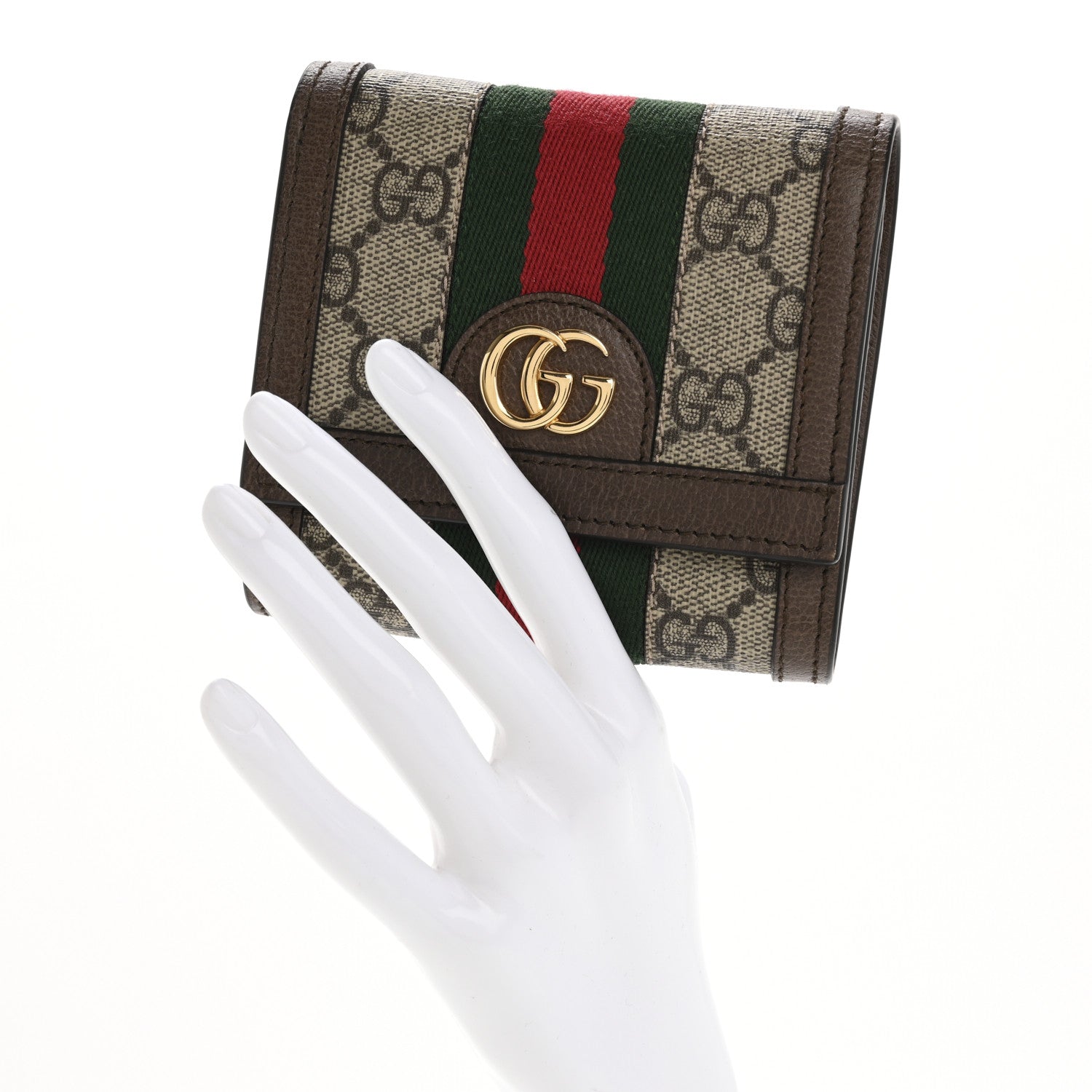Gucci GG Supreme Monogram Textured Calfskin Web Ophidia Card Case Wallet Beige Ebony New Acero 2 of 7