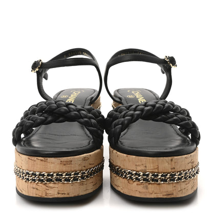 Chanel Lambskin Espadrille Braided Platform Sandals 38.5 Black 3 of 10