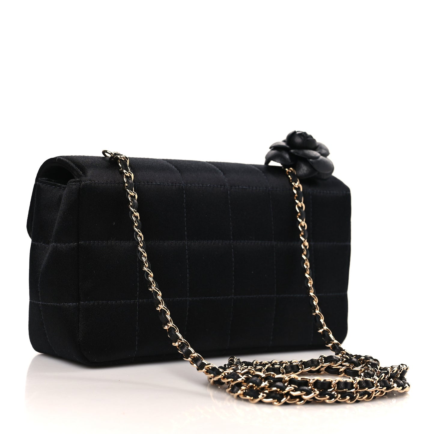 Satin Chocolate Bar Quilted Camellia Rectangular Mini Flap Black