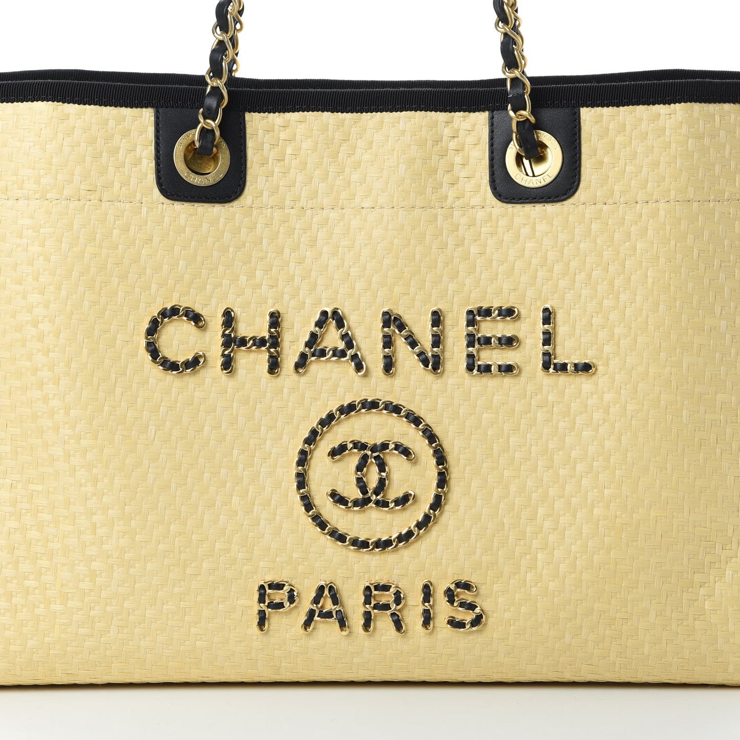 Straw Raffia Calfskin Chain Small Deauville Tote Beige Black