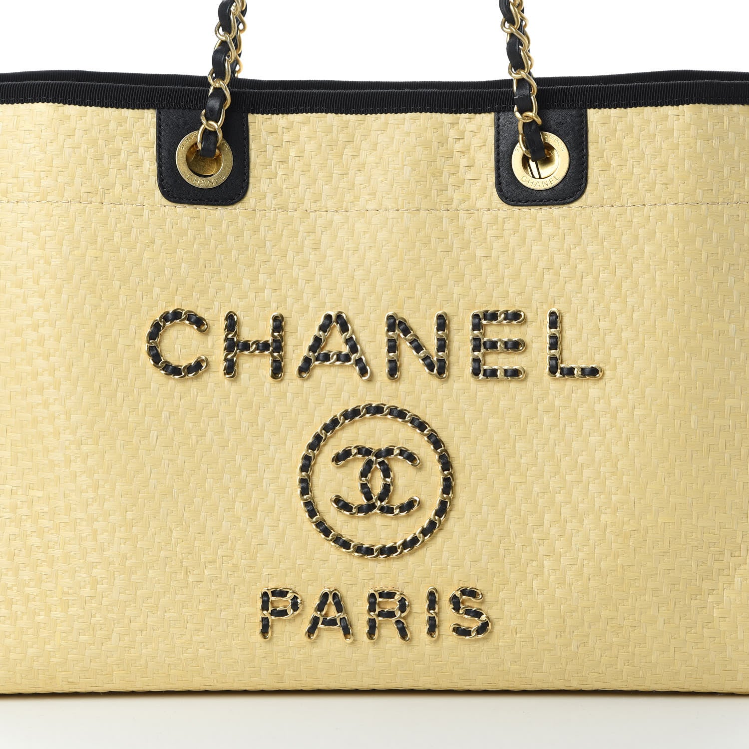 Chanel Straw Raffia Calfskin Chain Small Deauville Tote Beige Black 8 of 10