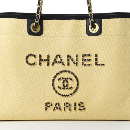 Chanel Straw Raffia Calfskin Chain Small Deauville Tote Beige Black 8 of 10