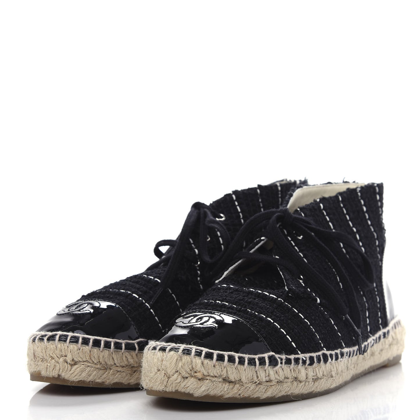 Tweed Calfskin Patent CC Lace Up Espadrilles 39 Black