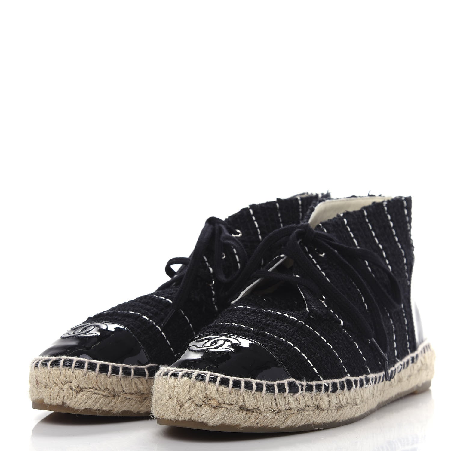Chanel Tweed Calfskin Patent CC Lace Up Espadrilles 39 Black 3 of 11