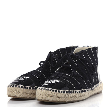 Chanel Tweed Calfskin Patent CC Lace Up Espadrilles 39 Black 3 of 11