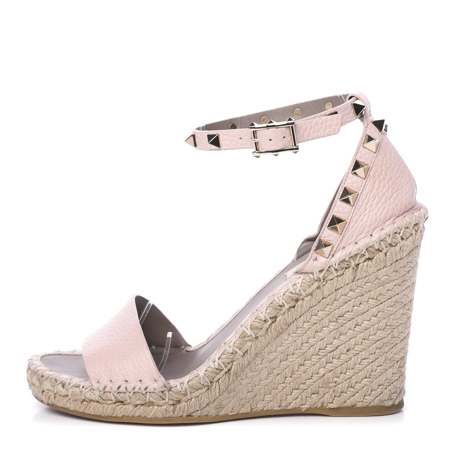 Grained Calfskin Rockstud Ankle Strap Espadrille 15/105mm Wedge Sandals 37 Rose Quartz Natural