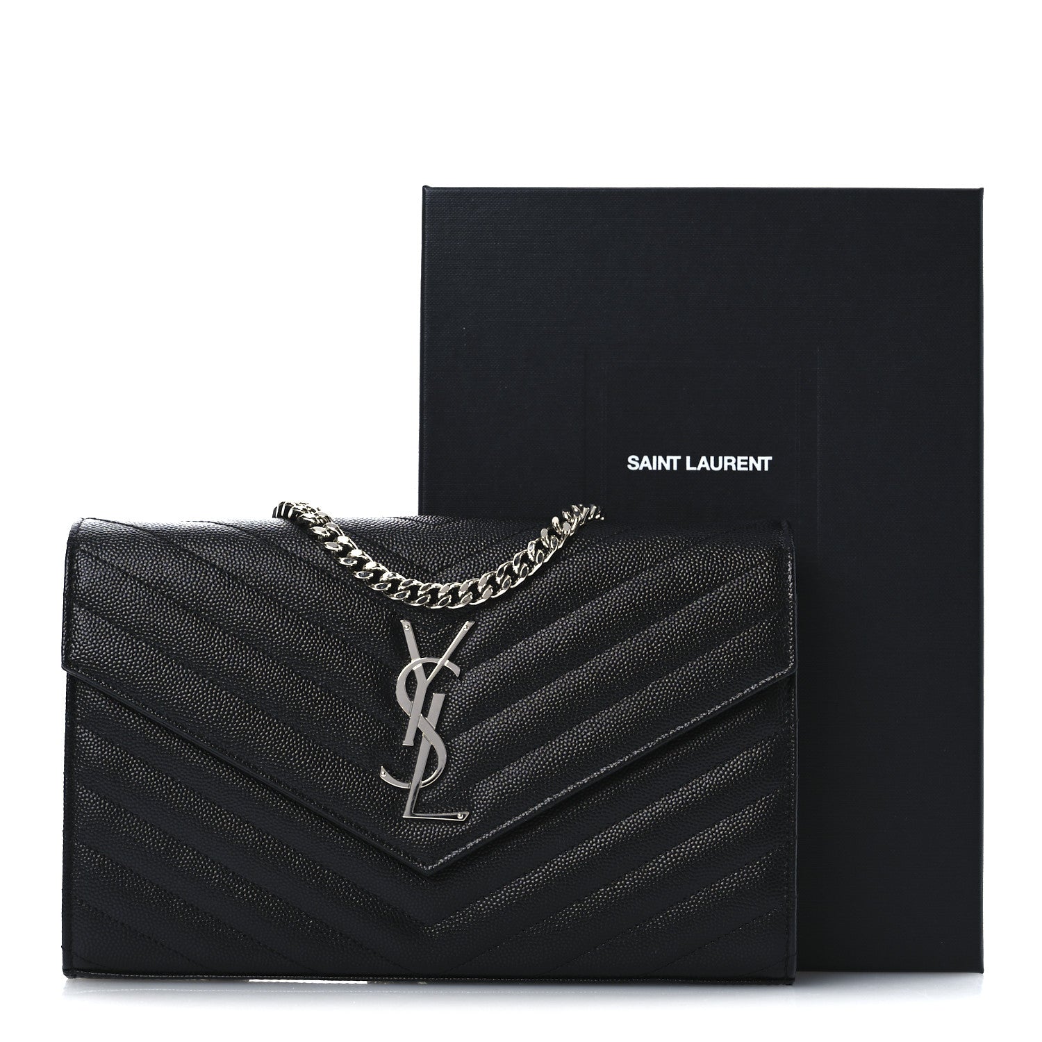 Saint Laurent Grain De Poudre Matelasse Chevron Monogram Chain Wallet Black 12 of 12