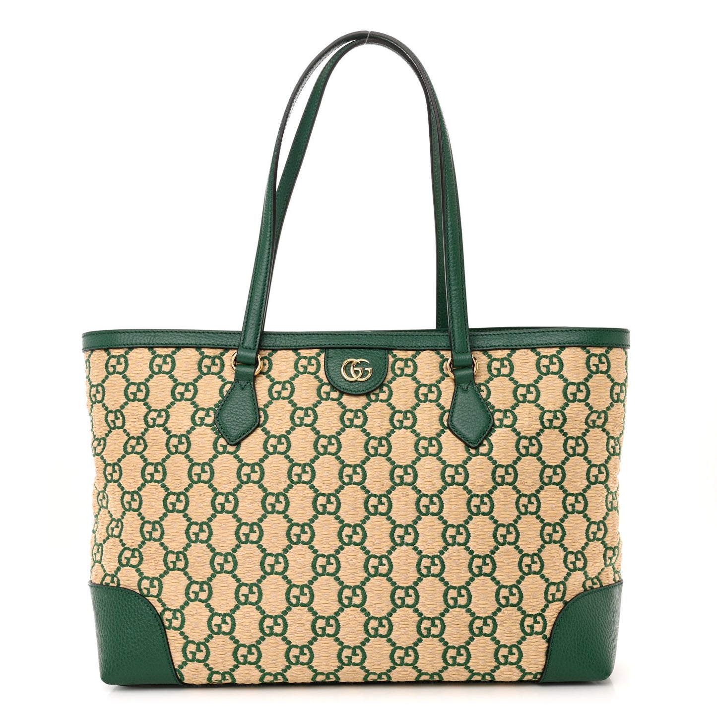 Straw Jacquard Dollar Calfskin GG Monogram Medium Ophidia Shopping Tote Natural Emerald