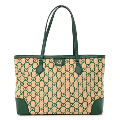 Gucci Straw Jacquard Dollar Calfskin GG Monogram Medium Ophidia Shopping Tote Natural Emerald 1 of 10