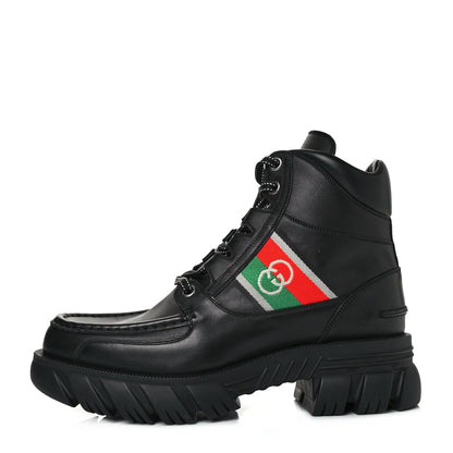Gucci Quebec Calfskin Web Mens Interlocking G Lace Up Combat Boots 8.5 Black Mystic White Green Red 1 of 9