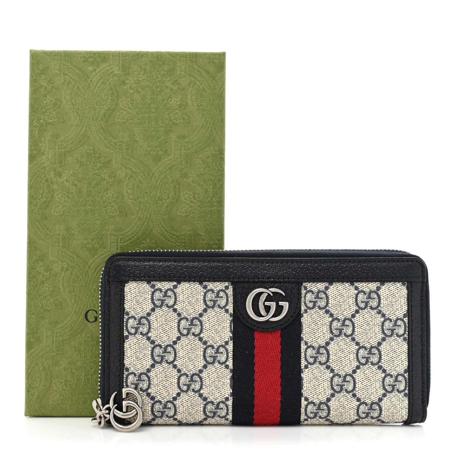 Gucci GG Supreme Monogram Textured Dollar Calfskin Web Ophidia Zip Around Wallet Beige Blue 13 of 13