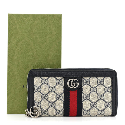 Gucci GG Supreme Monogram Textured Dollar Calfskin Web Ophidia Zip Around Wallet Beige Blue 13 of 13