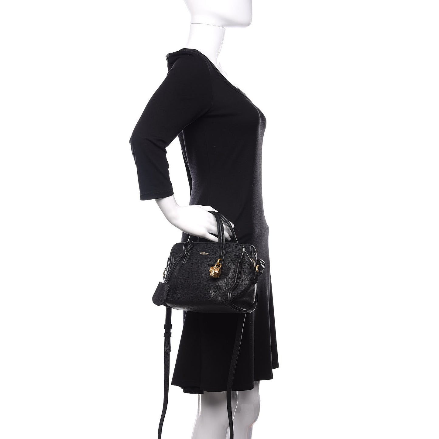 Pebbled Calfskin Mini Skull Padlock Zip Around Tote Black