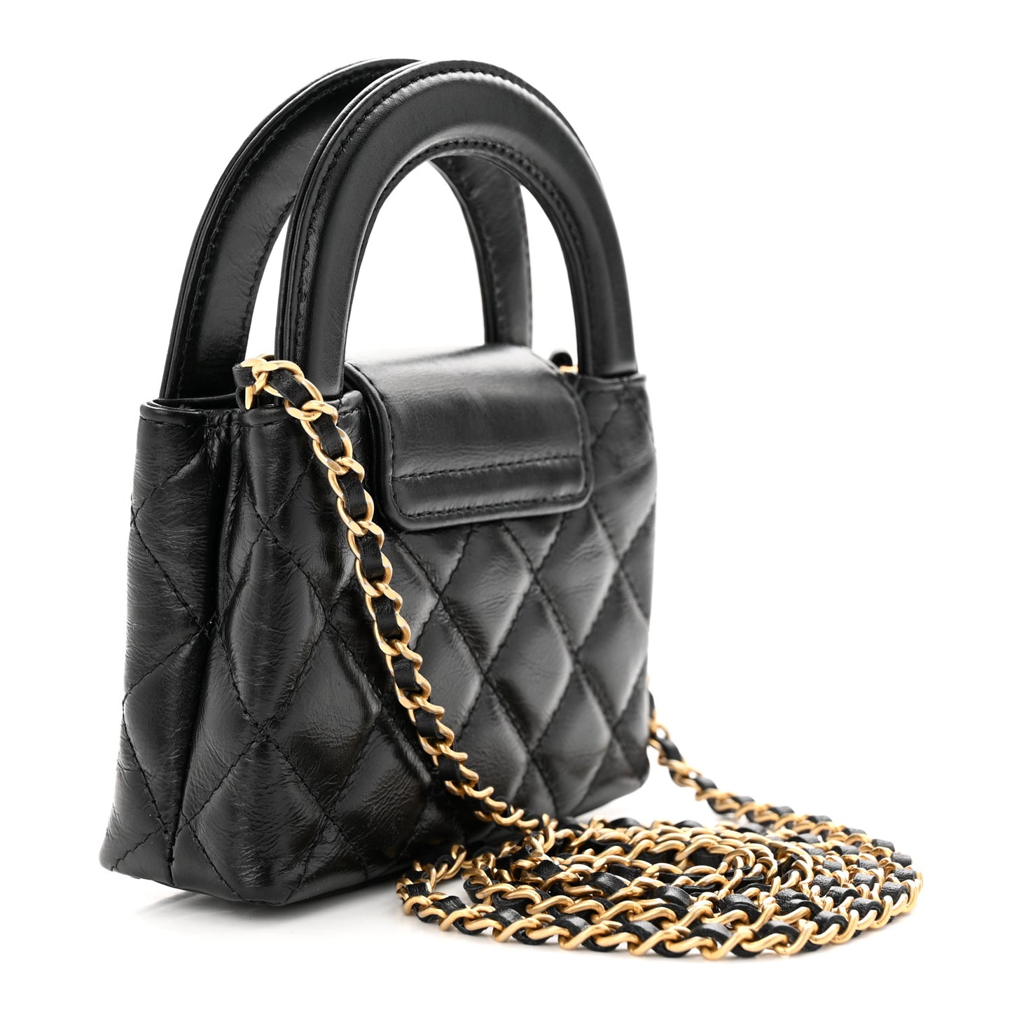Shiny Aged Calfskin Quilted Mini Nano Kelly Shopper Black