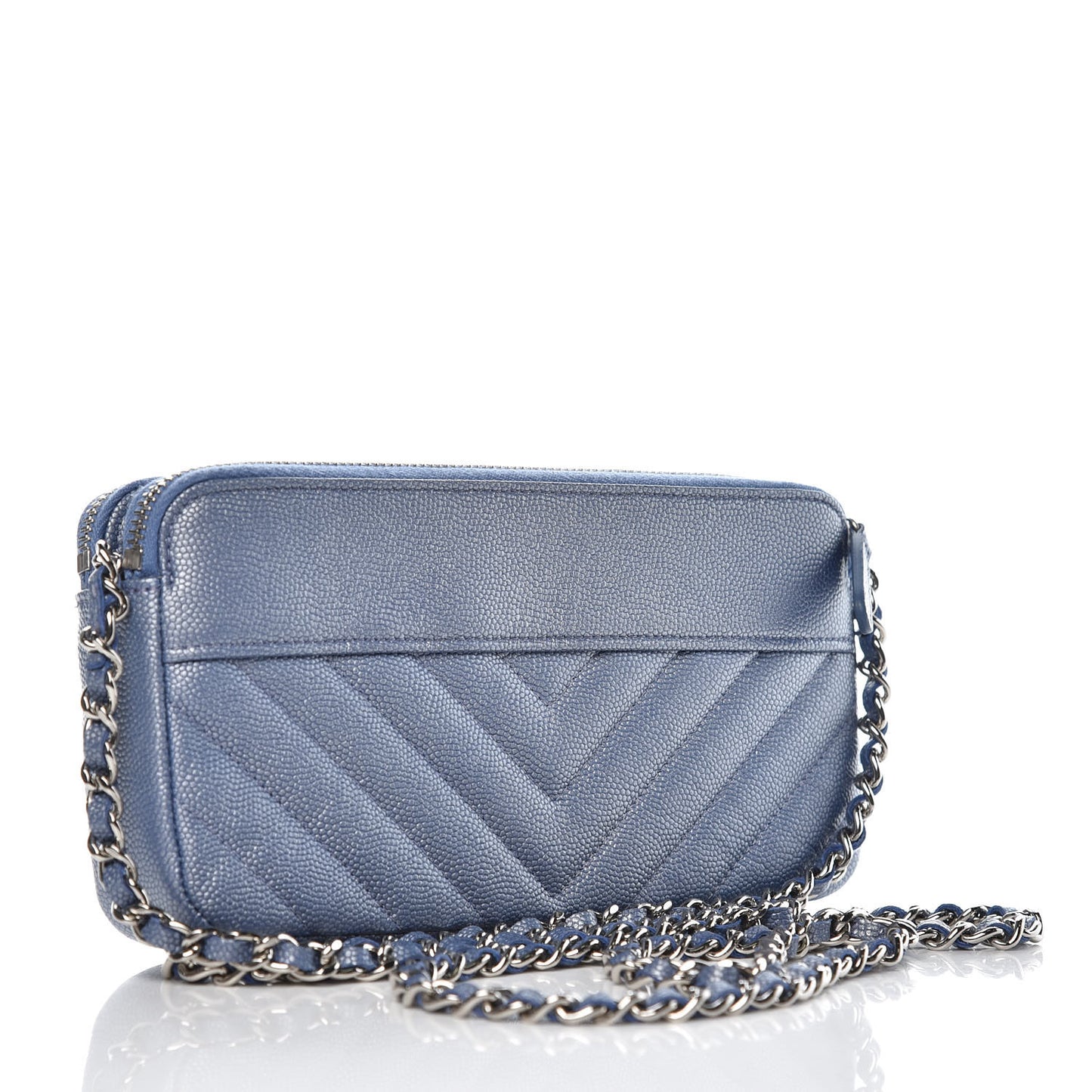 Metallic Caviar Chevron Quilted Small Vintage Mademoiselle Clutch With Chain Light Blue