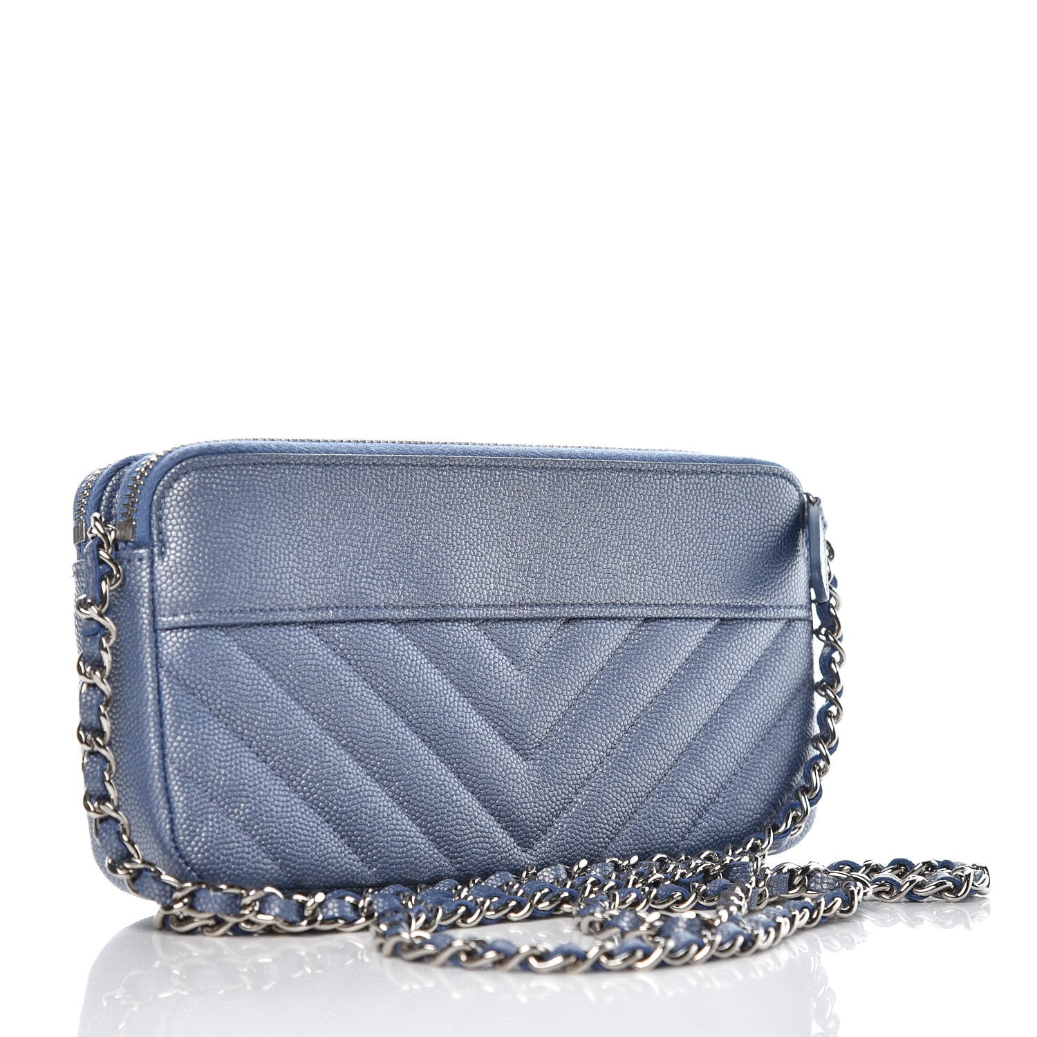 Chanel Metallic Caviar Chevron Quilted Small Vintage Mademoiselle Clutch With Chain Light Blue 3 of 11