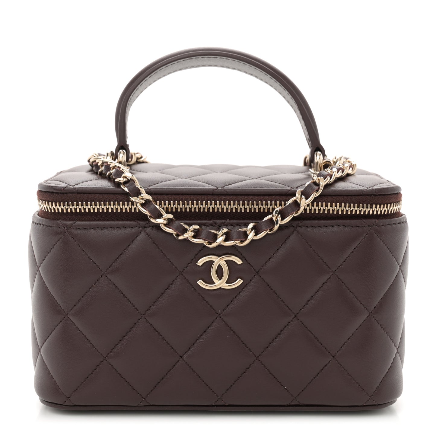 Lambskin Quilted Small Top Handle Vanity Case With Chain Dark Brown
