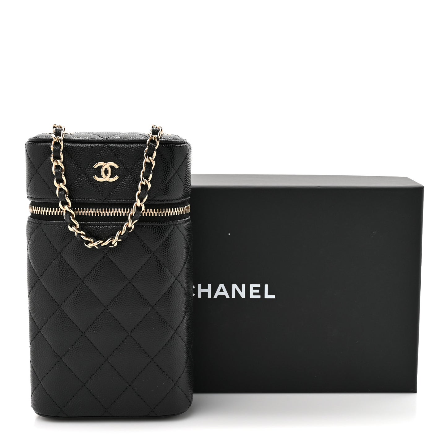 Caviar Quilted Phone Holder With Chain Black