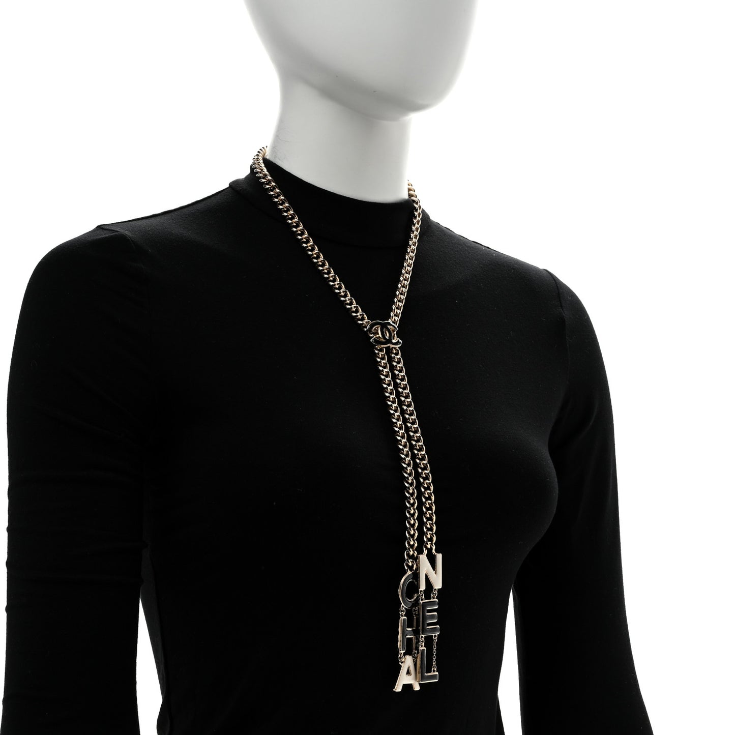 Enamel CC Lariat Necklace Black Gold Black