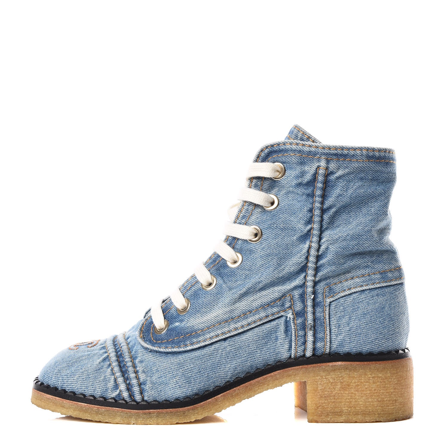 Chanel Denim Lace Up Boots 38.5 Light Blue 1 of 9