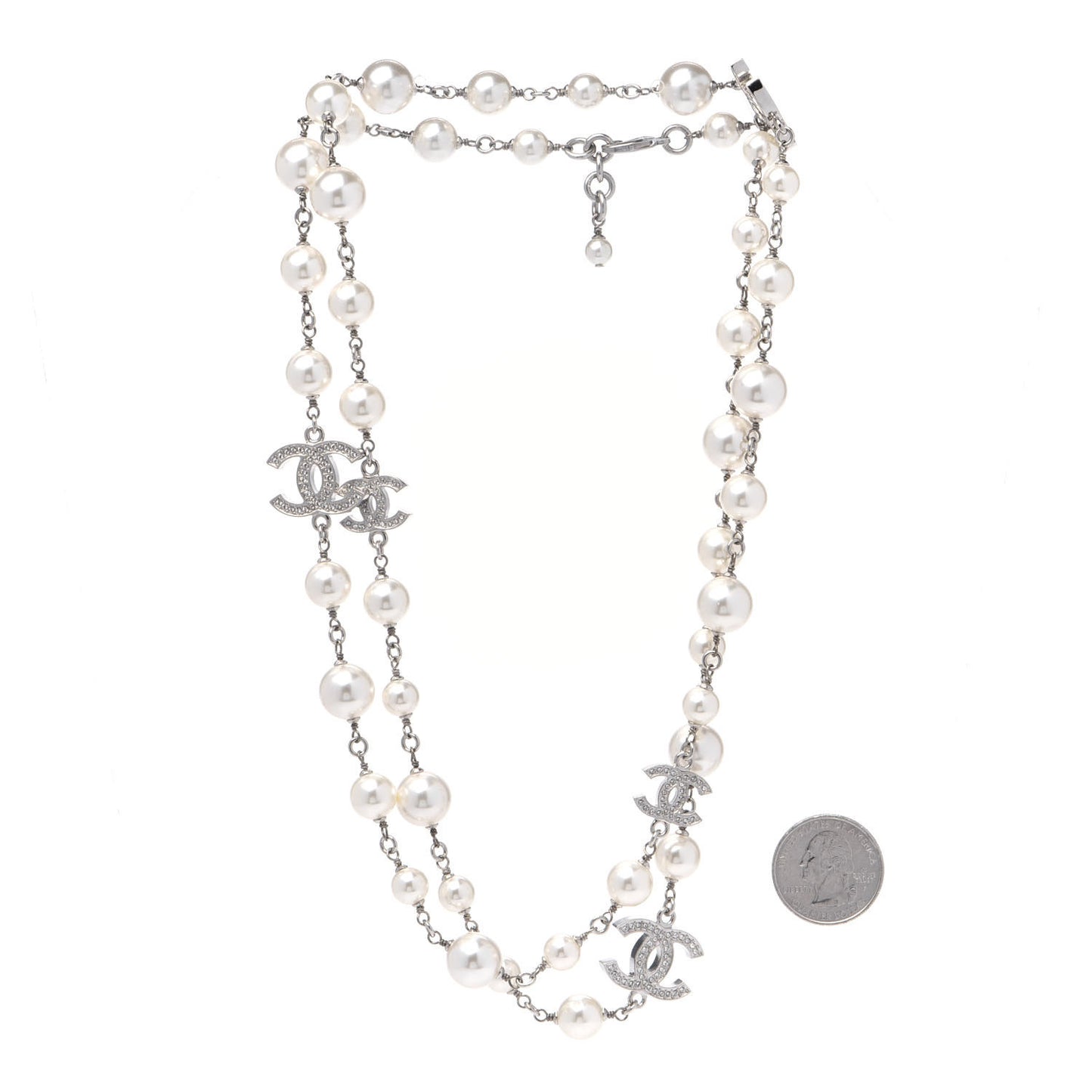 Crystal Pearl CC Long Necklace Silver
