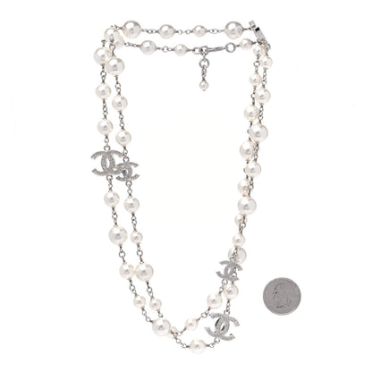 Chanel Crystal Pearl CC Long Necklace Silver 2 of 3