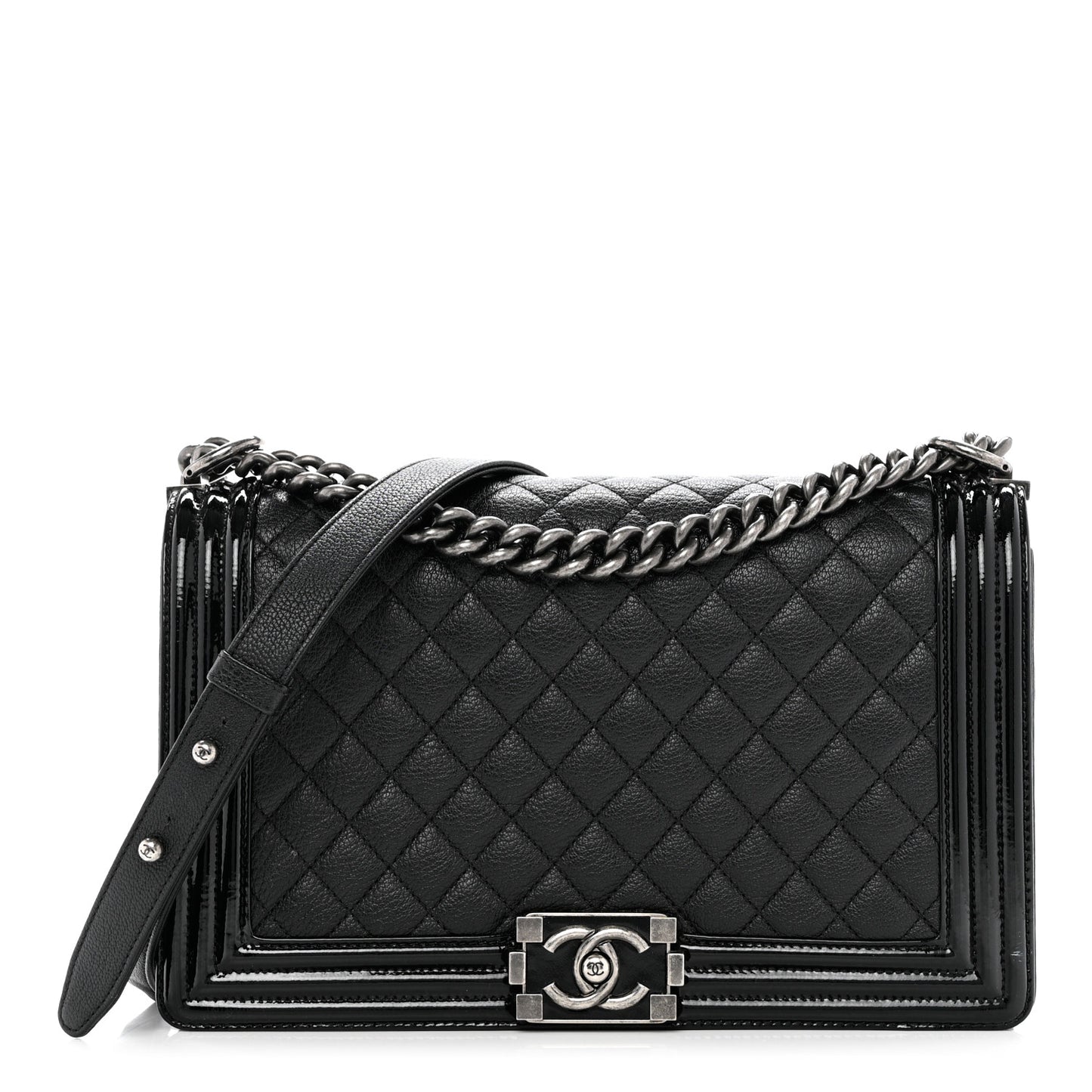 Goatskin Quilted Patent New Medium Duo Boy Flap Black