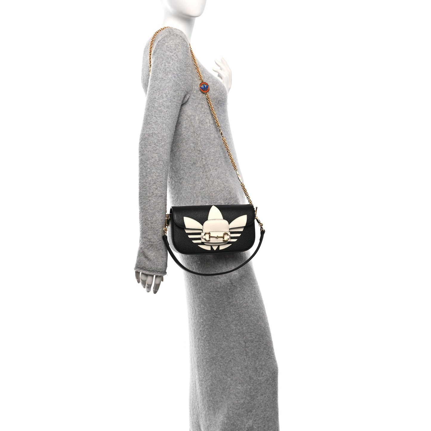 X ADIDAS Textured Dollar Calfskin Web Small Trefoil Horsebit 1955 Shoulder Bag Black Off White