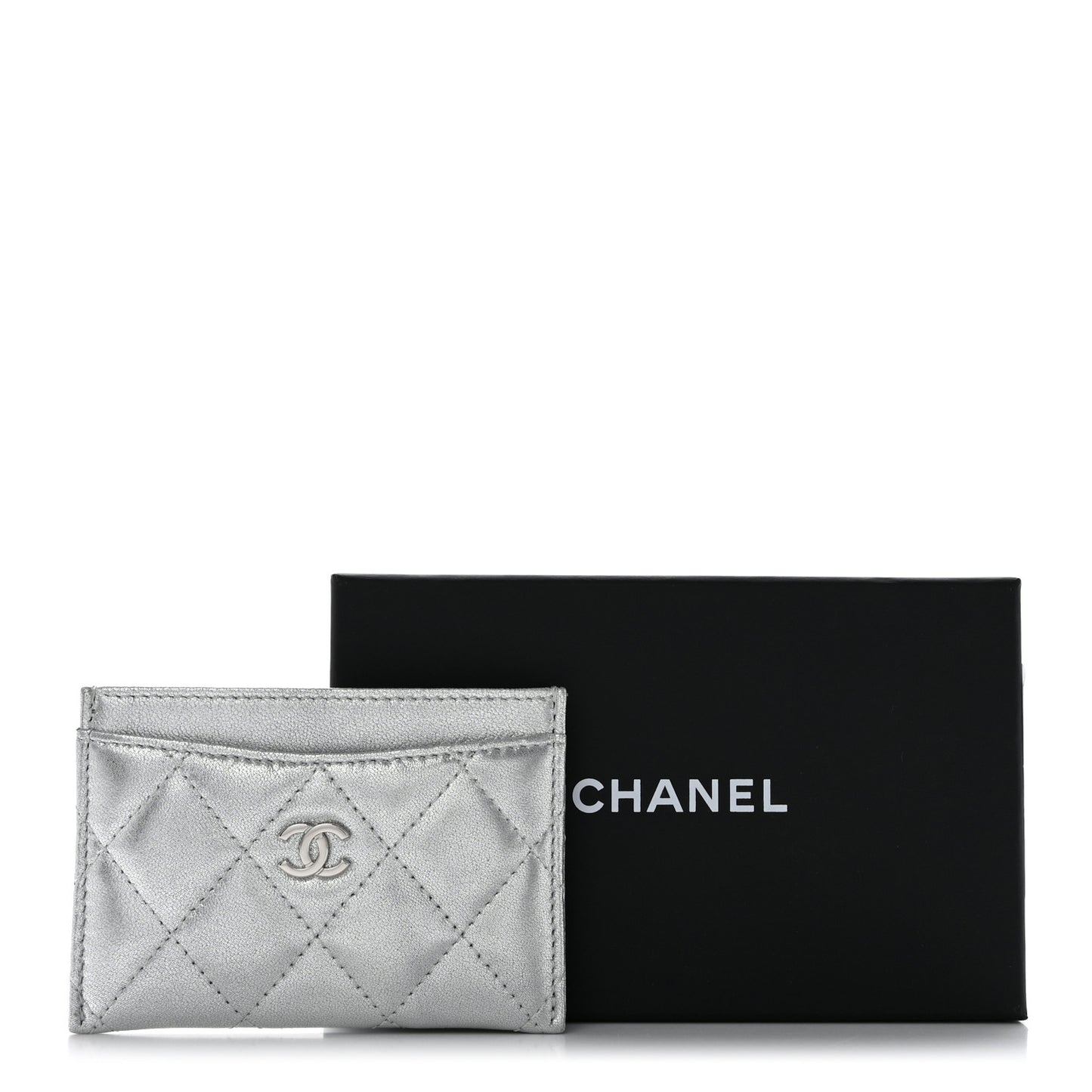 Metallic Lambskin Quilted CC Card Holder Silver