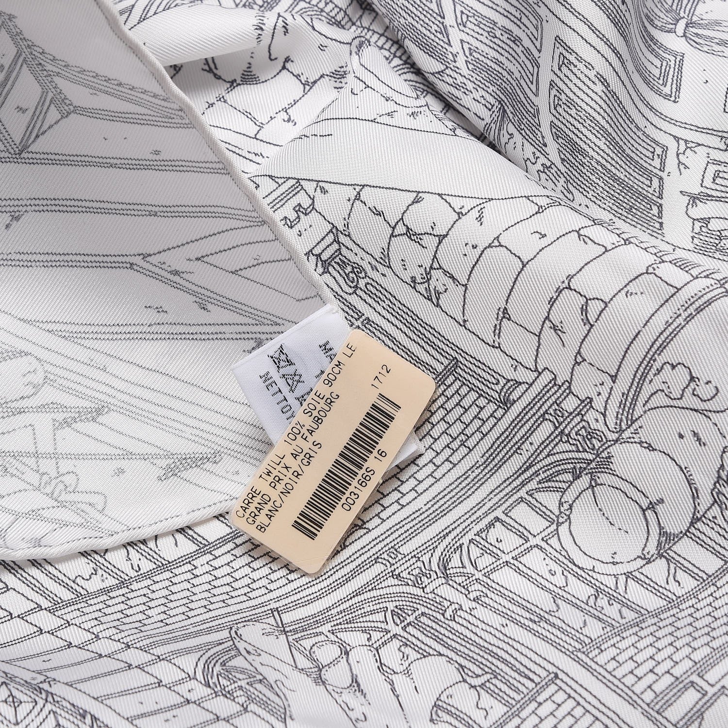 Hermes Silk Le Grand Prix Au Faubourg Scarf 90 Blanc Noir Gris 5 of 6