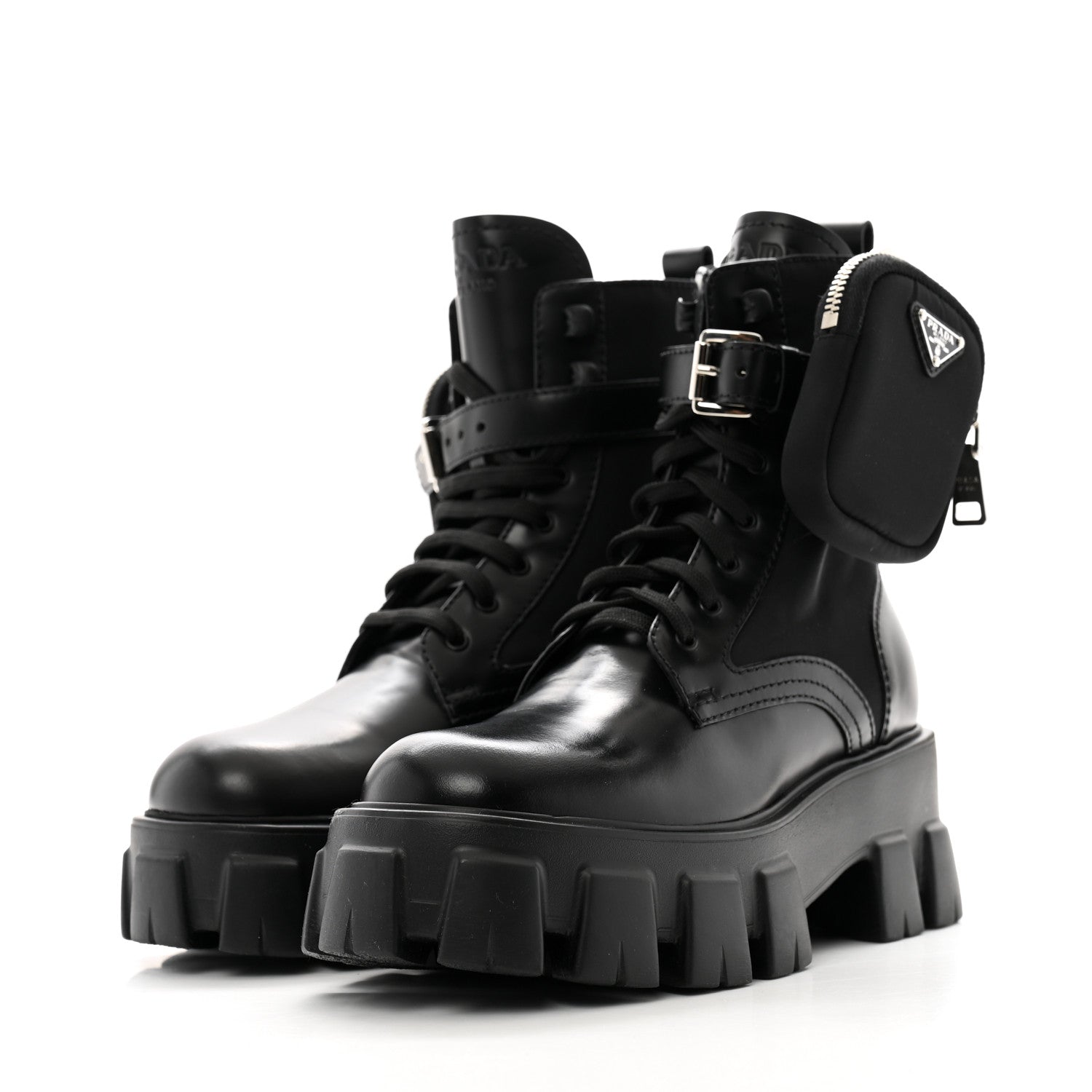 Prada Spazzolato Rois Nylon Metal Triangle Logo Monolith Pouch Pocket 55mm Boots 36 Black 4 of 10