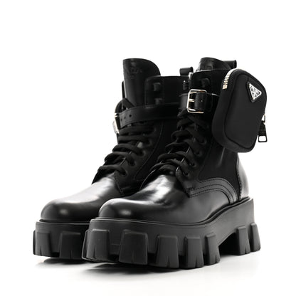 Prada Spazzolato Rois Nylon Metal Triangle Logo Monolith Pouch Pocket 55mm Boots 36 Black 4 of 10