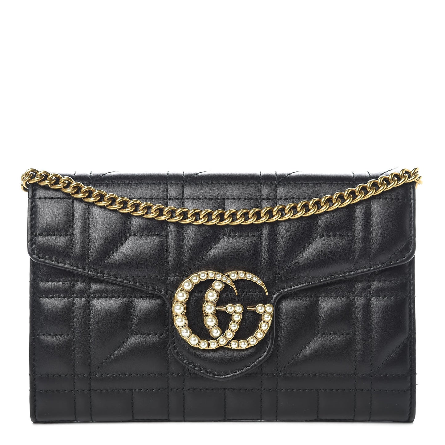 Calfskin Matelasse Mini Pearly GG Marmont Chain Wallet Black