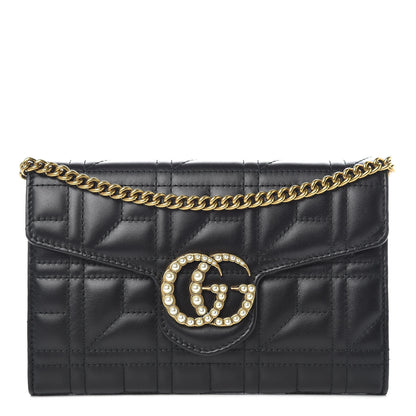 Gucci Calfskin Matelasse Mini Pearly GG Marmont Chain Wallet Black 1 of 14