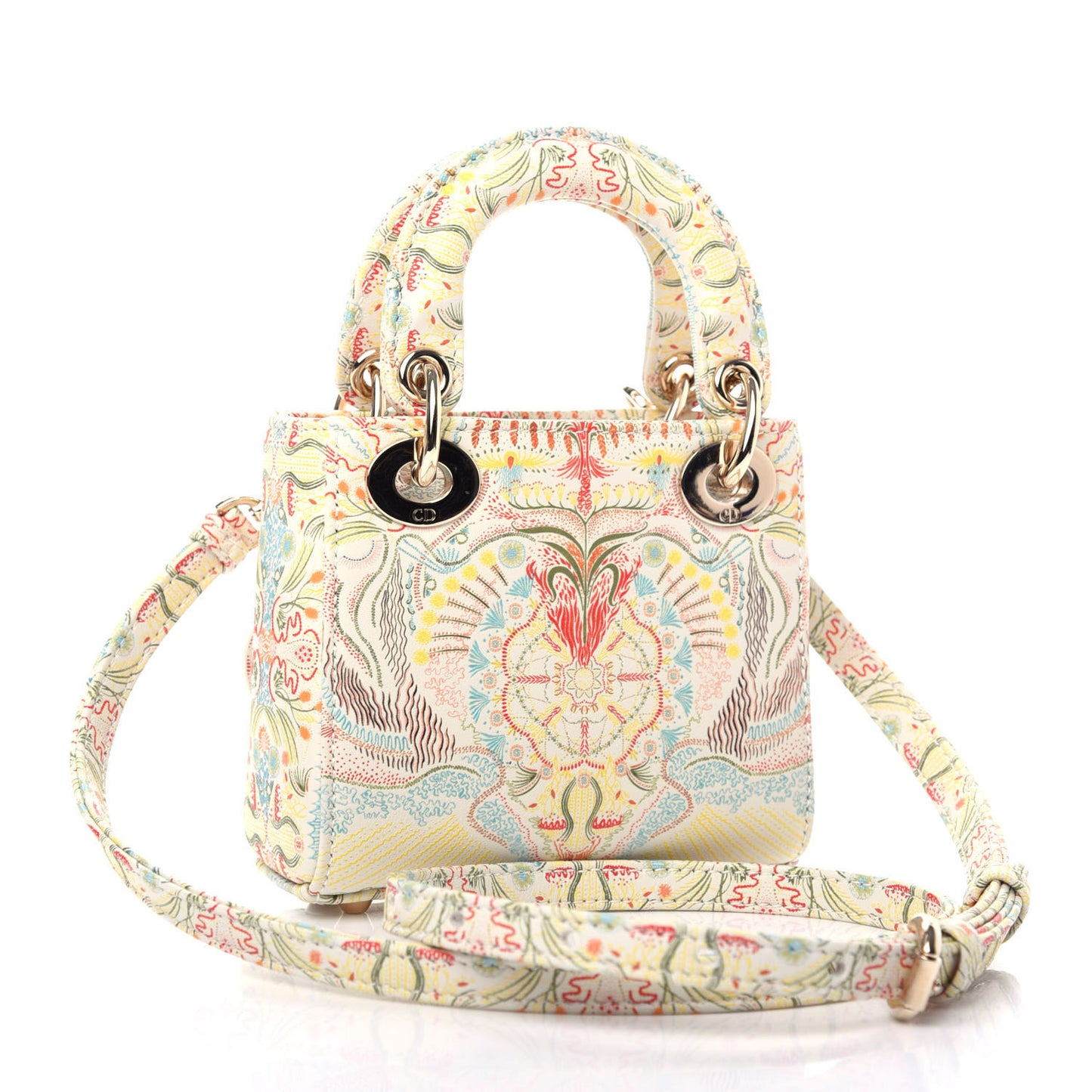 Calfskin Embroidered Mini Lady Dior White Multicolor