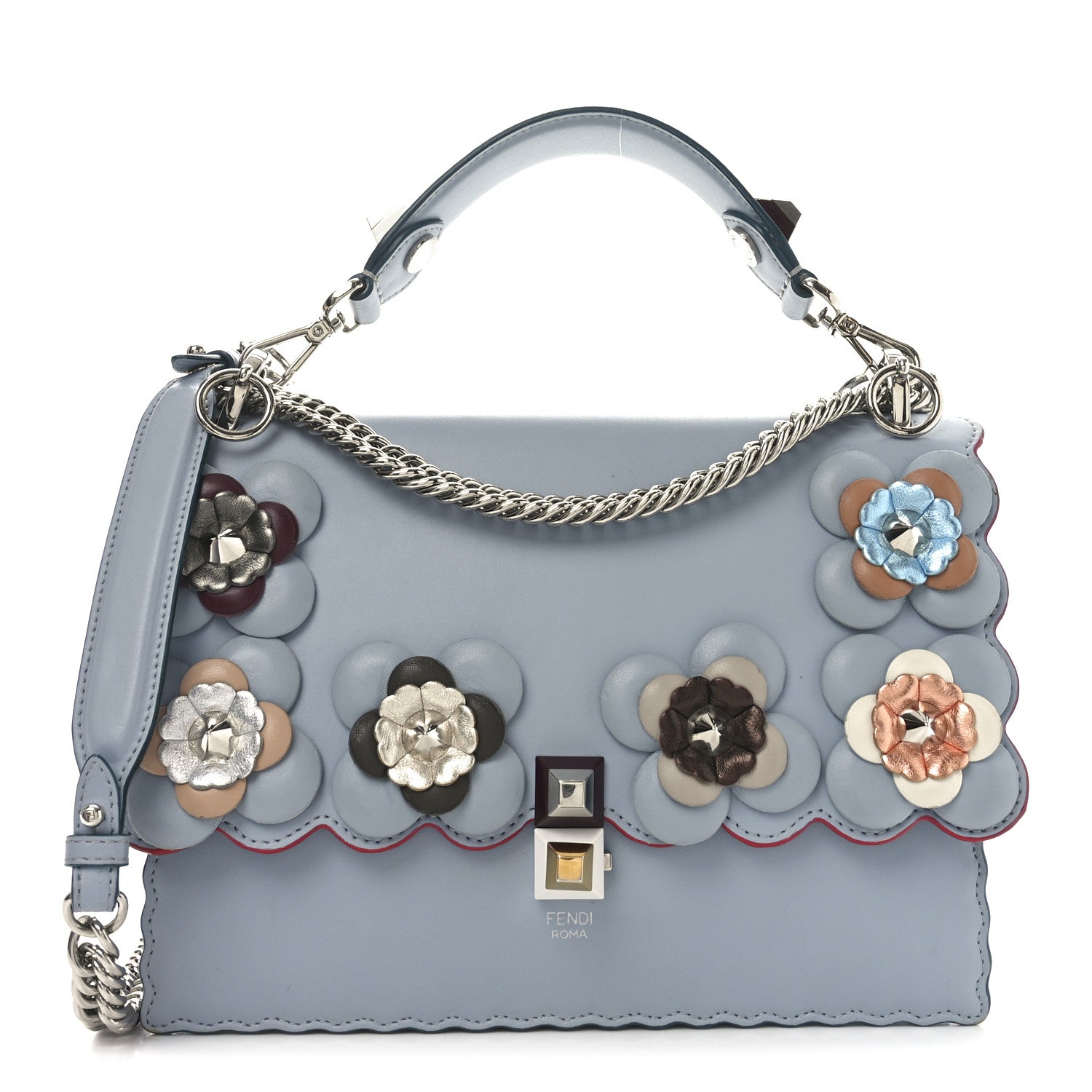 Fendi Vitello Liberty Lucido Flowerland Scalloped Studded Kan I Shoulder Bag Azzurro Polvere Multicolor 1 of 10