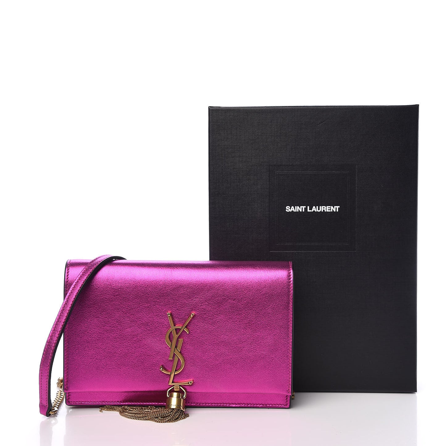 Metallic Calfskin Classic Monogram Kate Tassel Chain Wallet Fuchsia