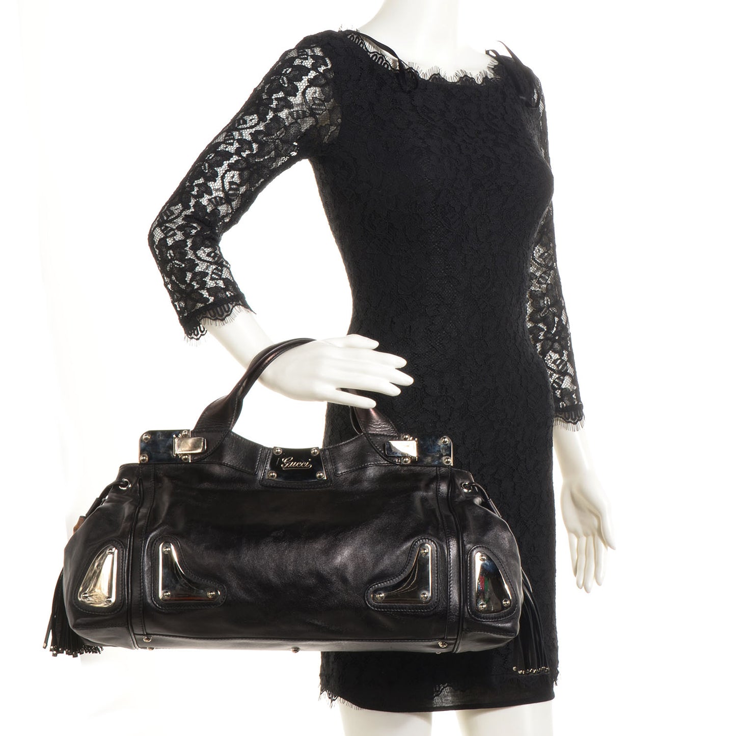 Leather Medium Race Bamboo Tassel Tote Black