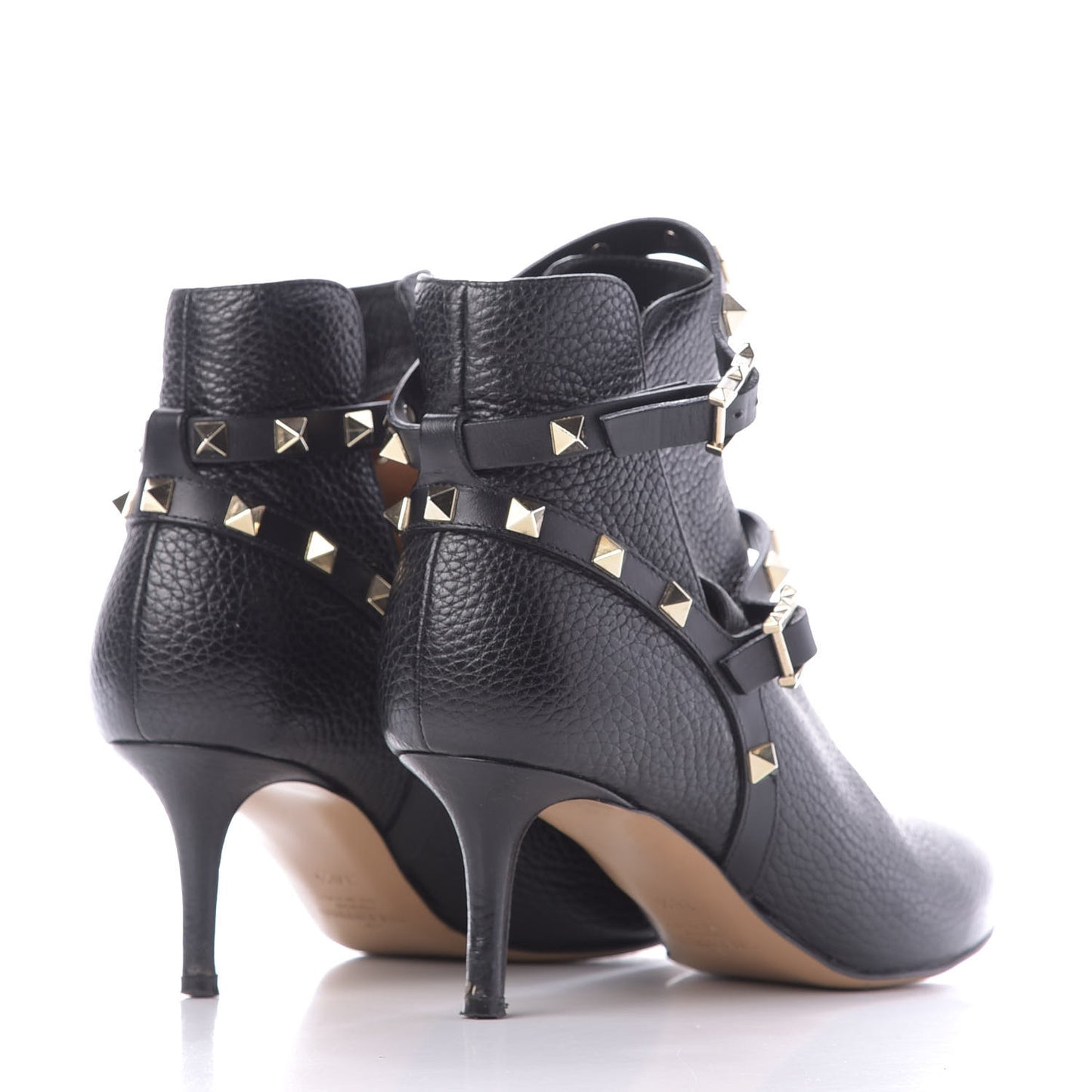 Pebbled Calfskin Rockstud Double Buckle 65mm Ankle Boots 36.5 Black